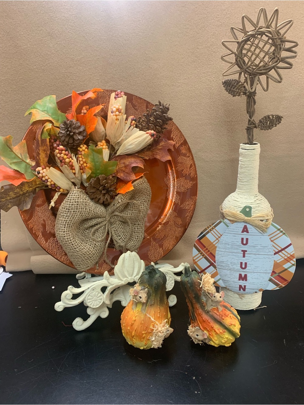 Autumn Harvest Decorative Plate with Burlap Bow & Fall Accents